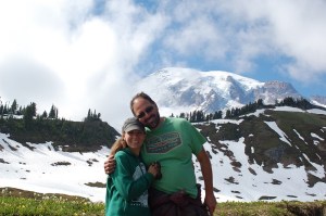 The last glimpses of the mountain this day were streaked with coming clouds.  This trail went straight up through the remains of winter snow.